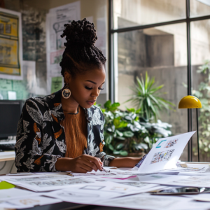 cheryljaneen_a_black_woman_in_an_office_working_on_a_design_pro_acf9b7f6-6762-4385-8431-460c902acc86